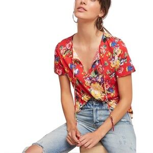 Maeve by Anthropologie Size S Clemente Red Floral Short Sleeve Tie-Neck Blouse